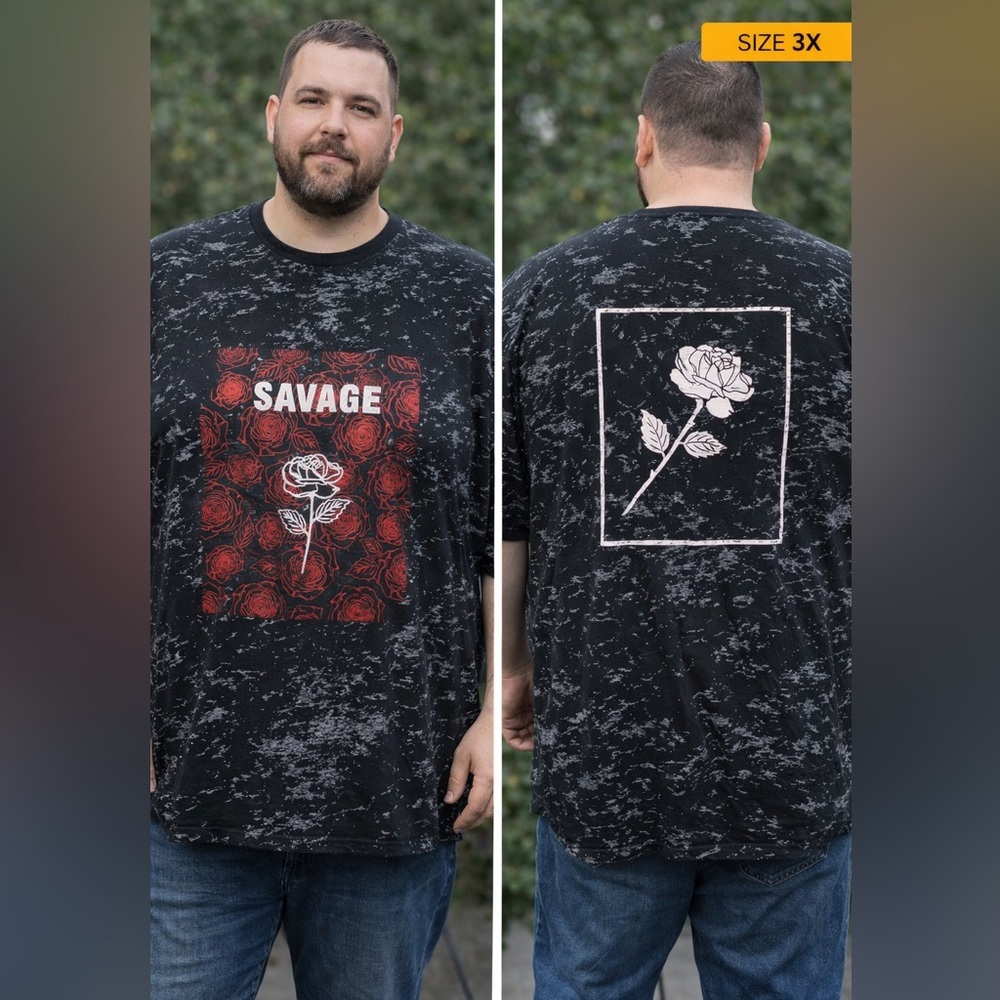 Savage Rose Graphic Tee - Black with Red Print 3X